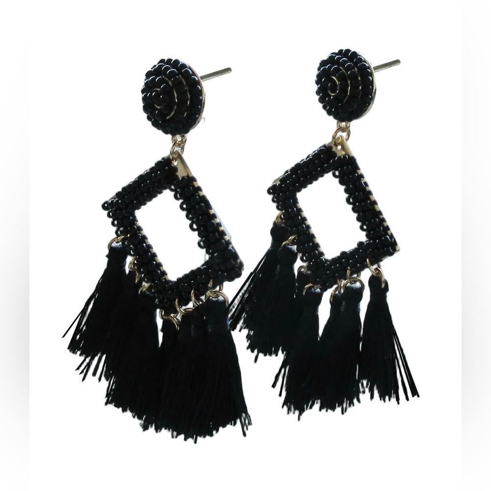 Time and Tru Black Seed Beaded Tassel Drop Earrings Gold‎ Tone Boho Statement